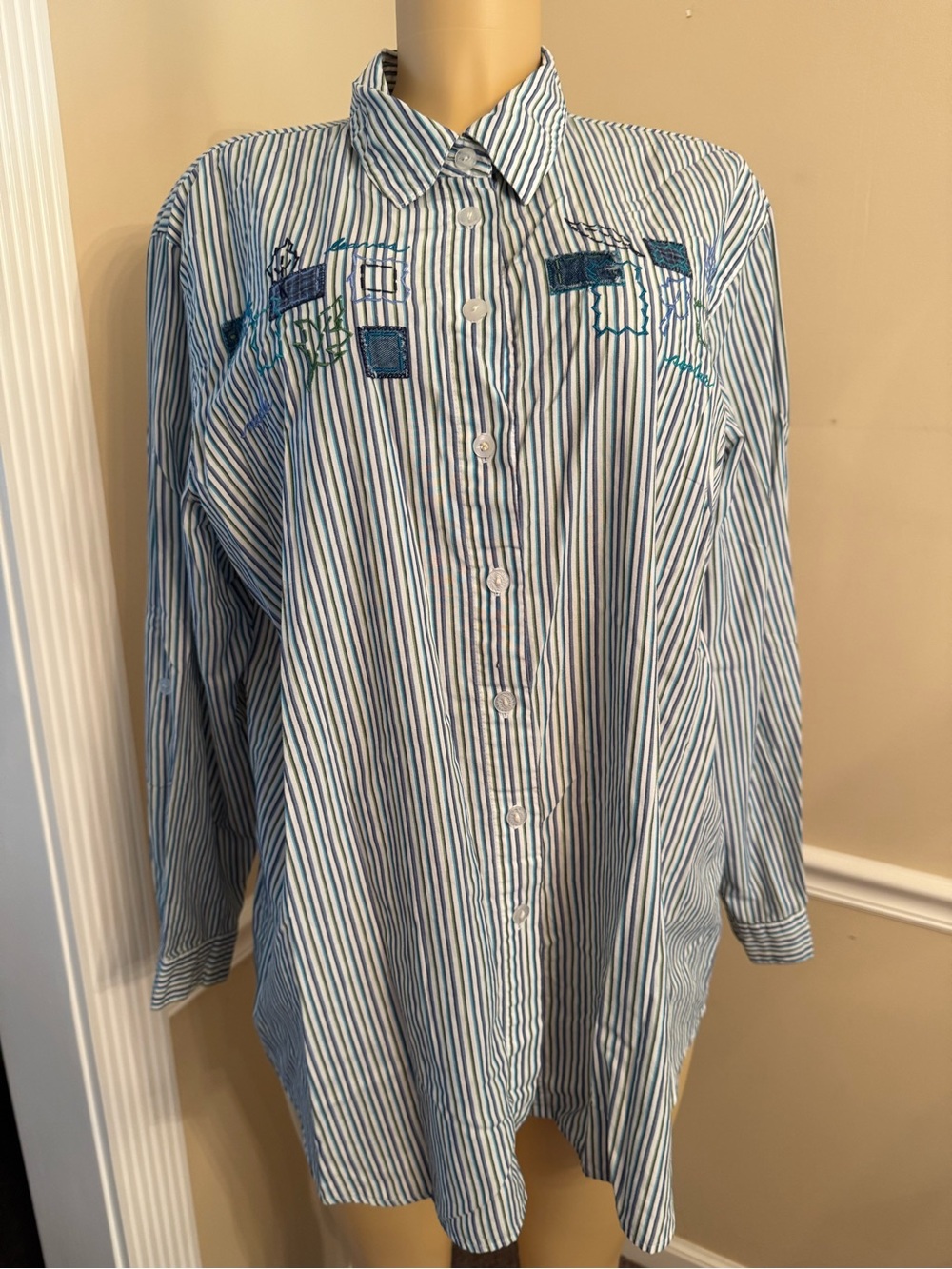 Napa Valley Striped Button-Up Shirt - Blue & Green Stripe